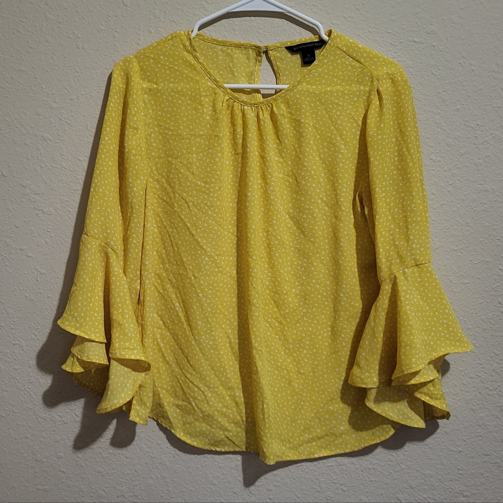 Banana Republic Yellow Polka Dot Blouse with Ruffle Sleeves